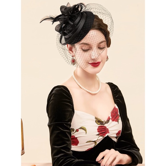 Black Fascinator Flower Mesh Feathers Hair Clip - Picture 3 of 7